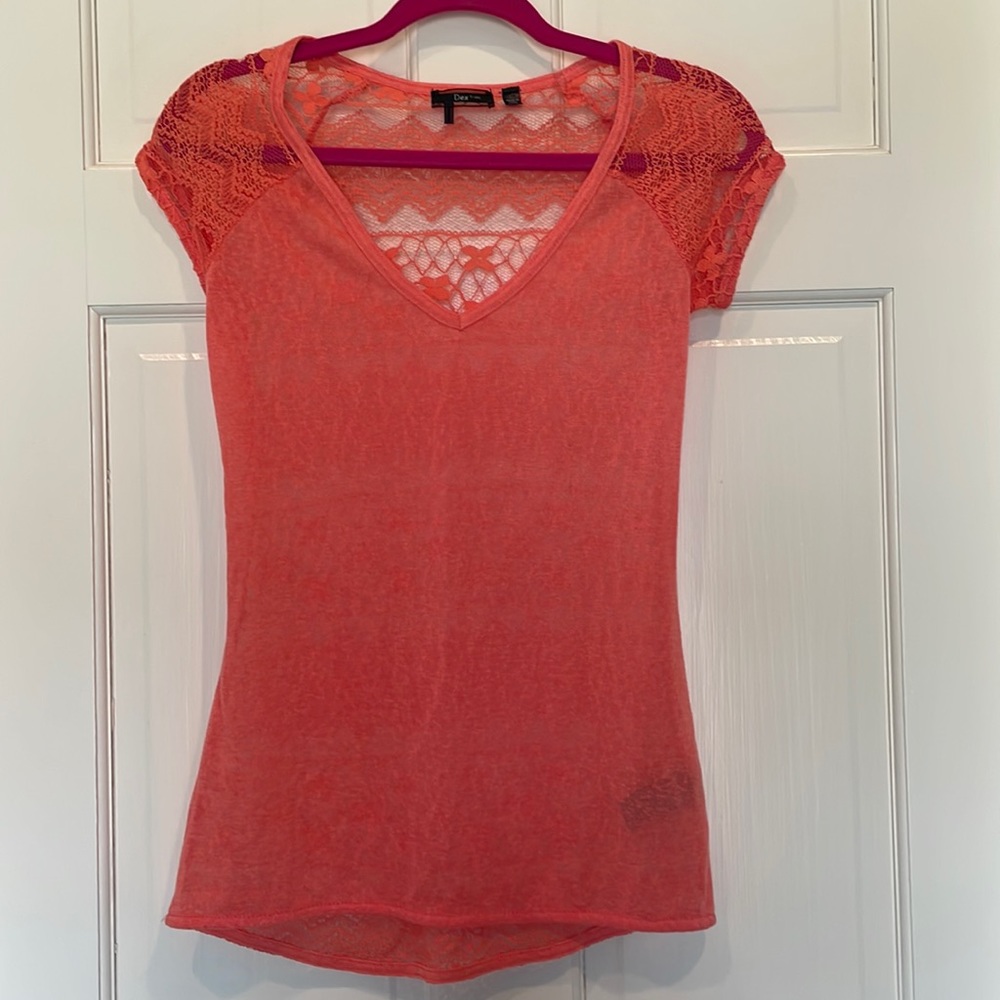 Dex Orange Short Sleeve Tee/Swim Cover Up w/ Lacy Patterned Sheer Back